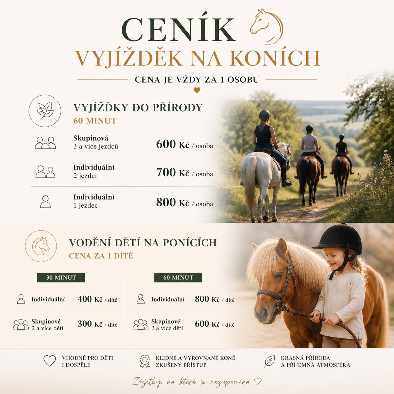 Ceník vyjížděk na koních — cena je vždy za 1 osobu
